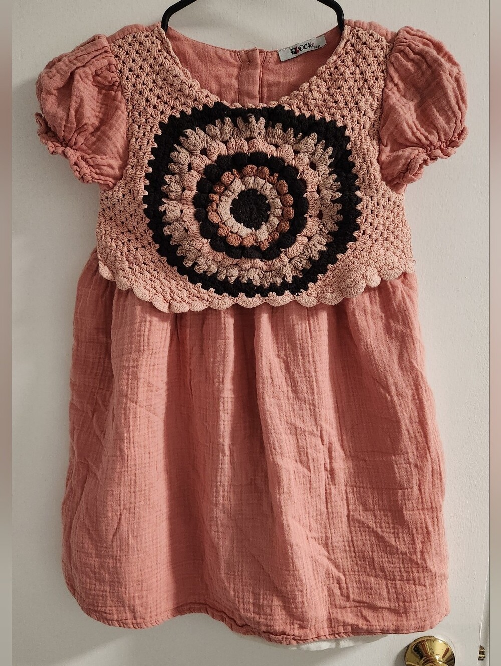 Flock Kidss Crochet Yoke Puff Sleeve Dress , Size 7/8